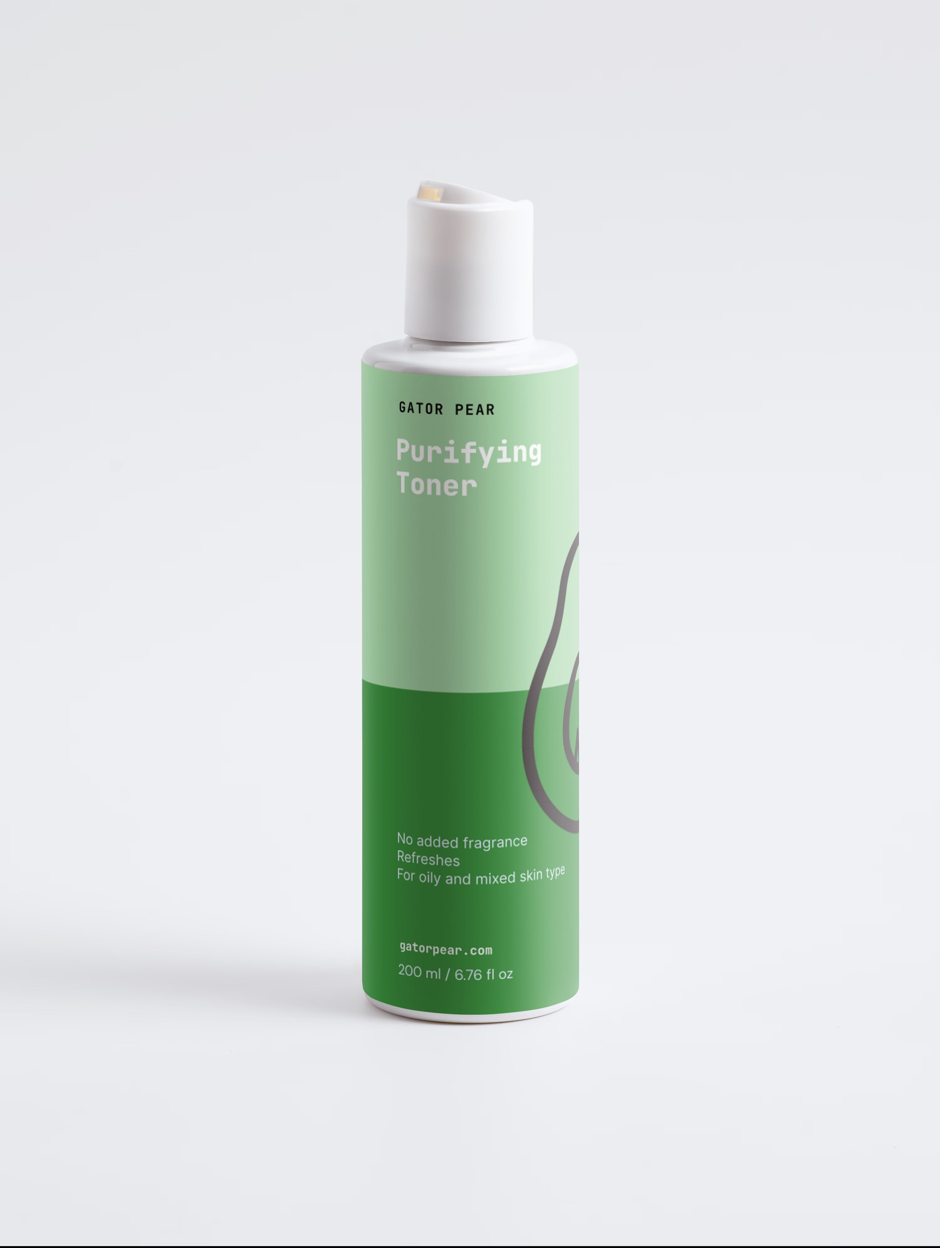 Gator Pear Purifying Toner in a clean studio setting. A fragrance-free vegan facial toner that refreshes, balances excess oil, and purifies oily and combination skin.