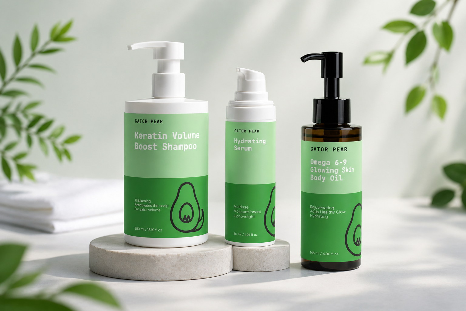 Three green skincare products on a white surface with leaves in the background