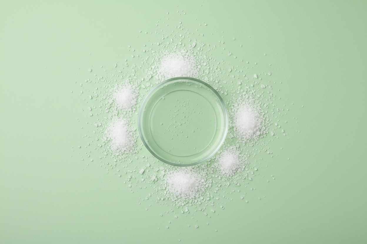 sodium pca on a background of light green looking from above