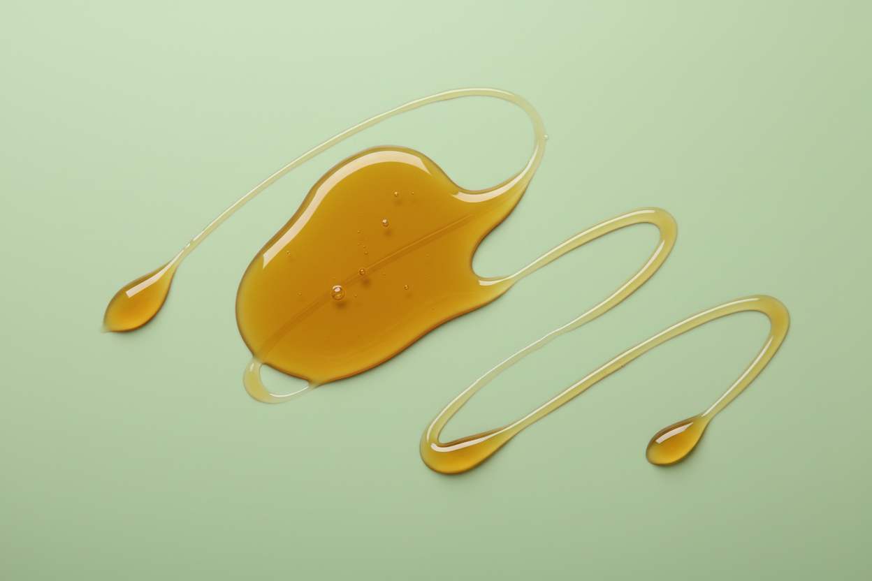 vitamin e oil no bottle looking from above with a light green backgroun